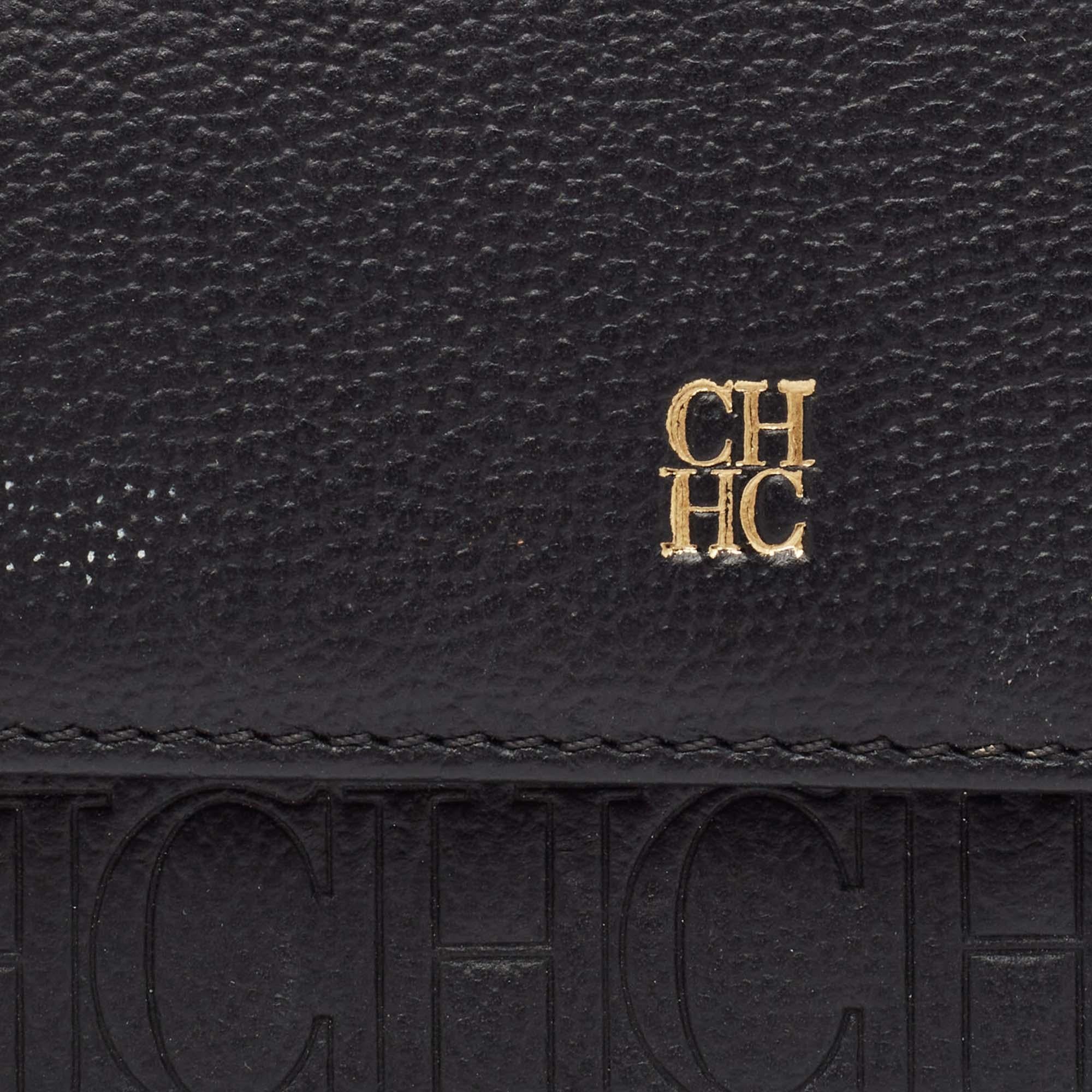 CH Carolina Herrera Black Monogram Leather Compact Wallet For Sale 3