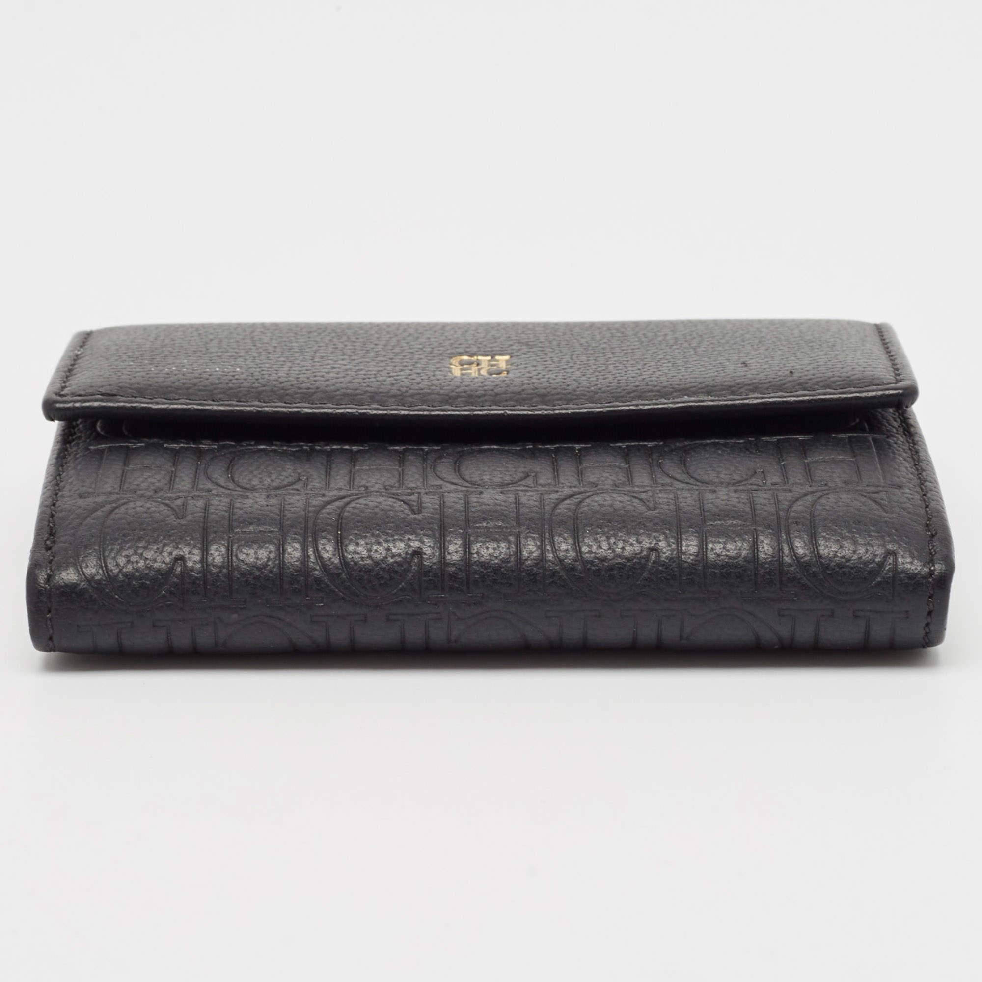 CH Carolina Herrera Black Monogram Leather Compact Wallet For Sale 4