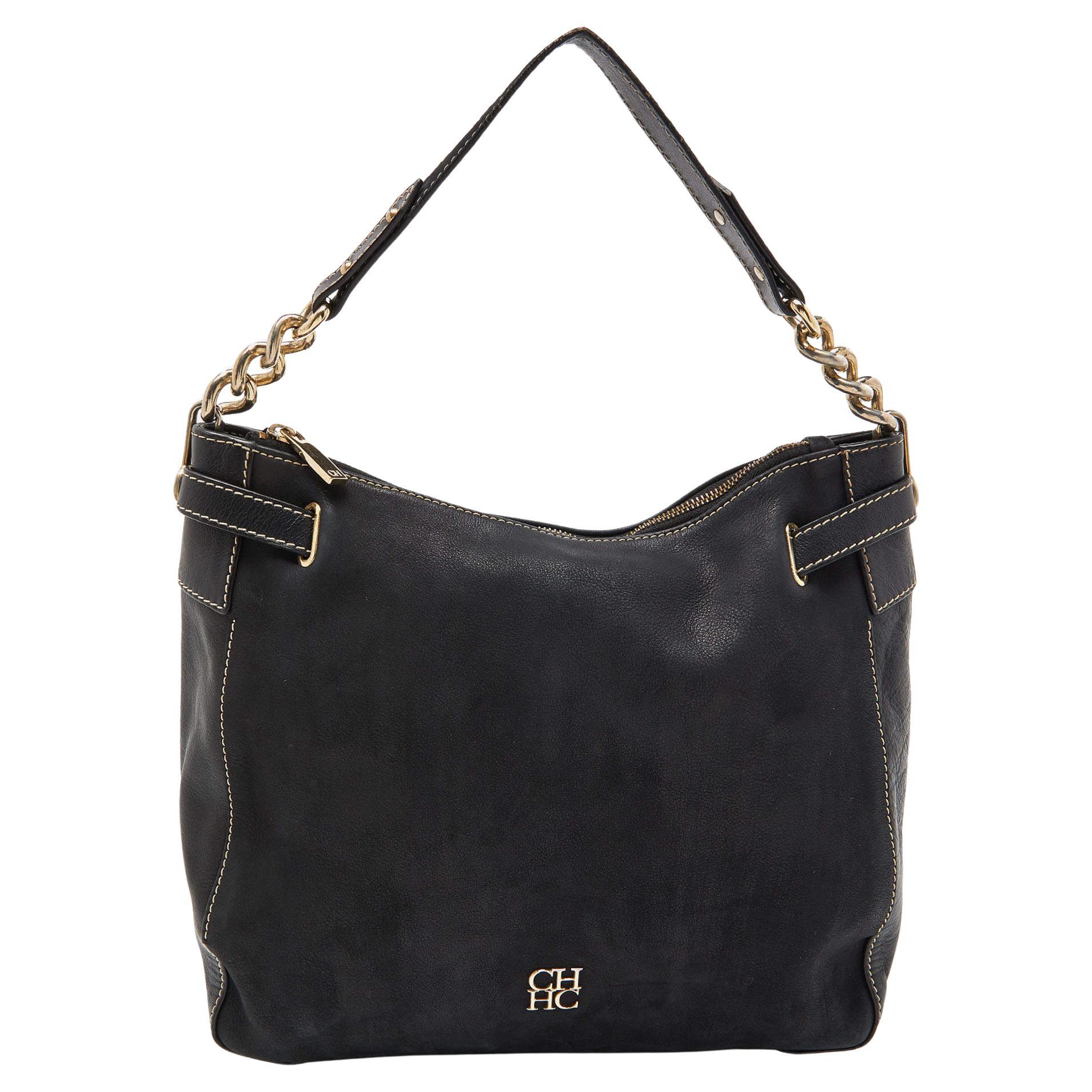 CH Carolina Herrera Black Nubuck and Leather Chain Hobo