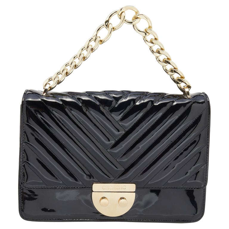 CH Carolina Herrera Black Patent Leather Chain Top Handle Bag For Sale