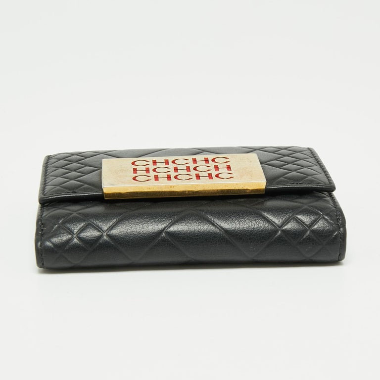 CH Carolina Herrera Black Quilted Leather Compact Wallet at