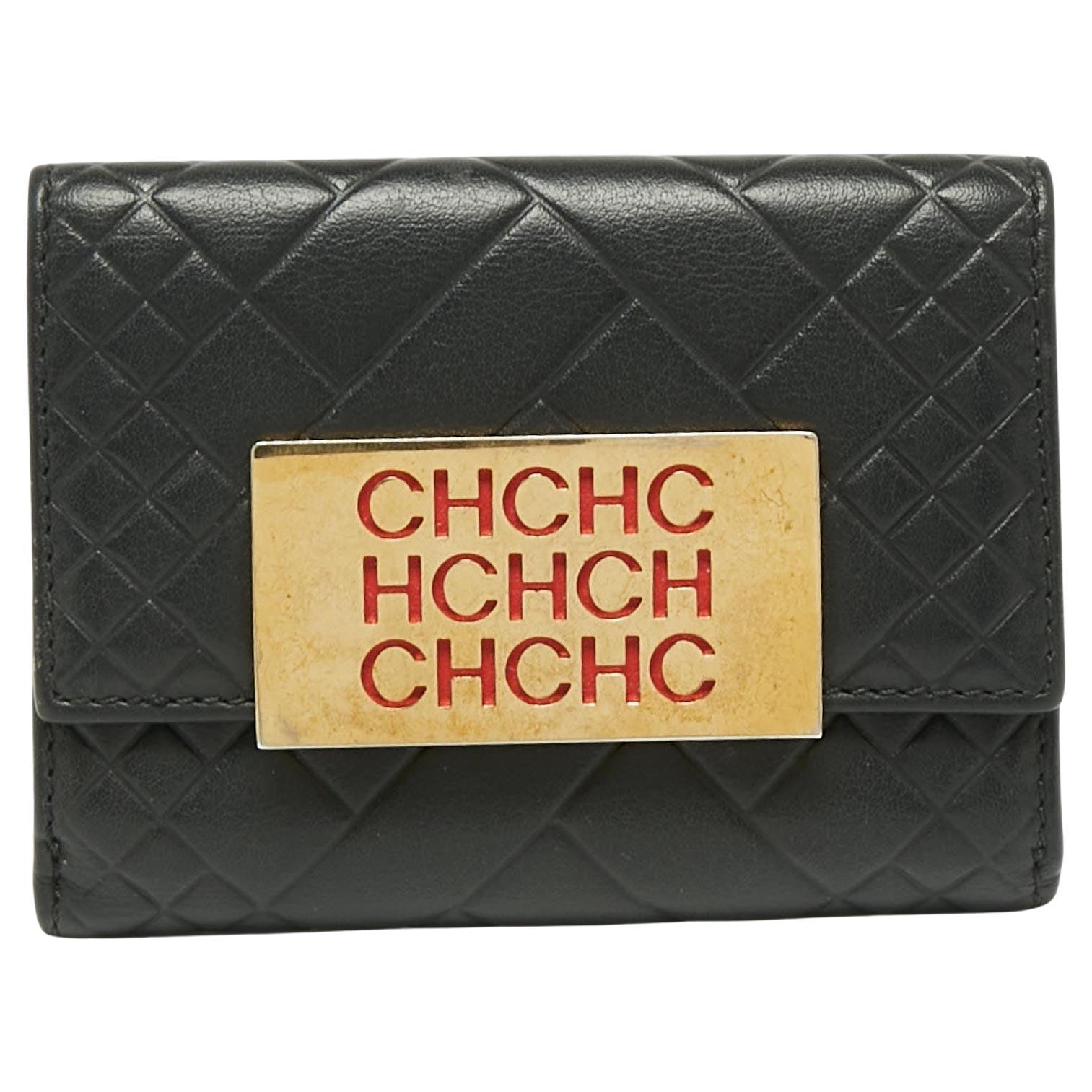 CH Carolina Herrera Black Quilted Leather Compact Wallet