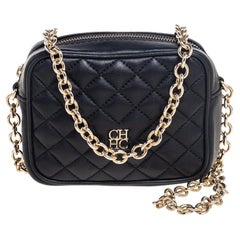 CH Carolina Herrera Black Quilted Leather Logo Crossbody Bag