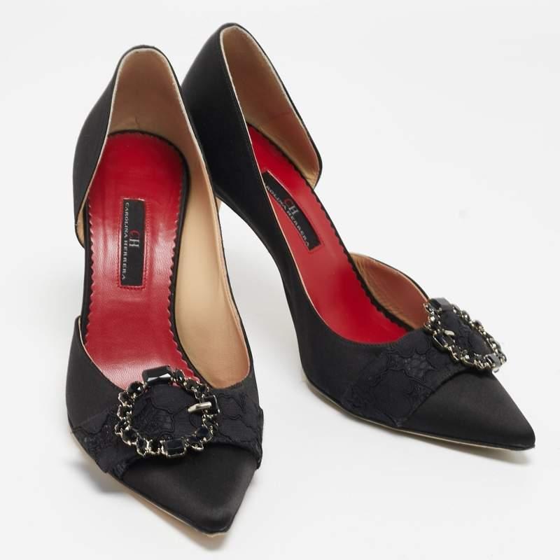 Women's CH Carolina Herrera Black Satin Crystal Embellished Pointed Toe Pumps Size 39 For Sale