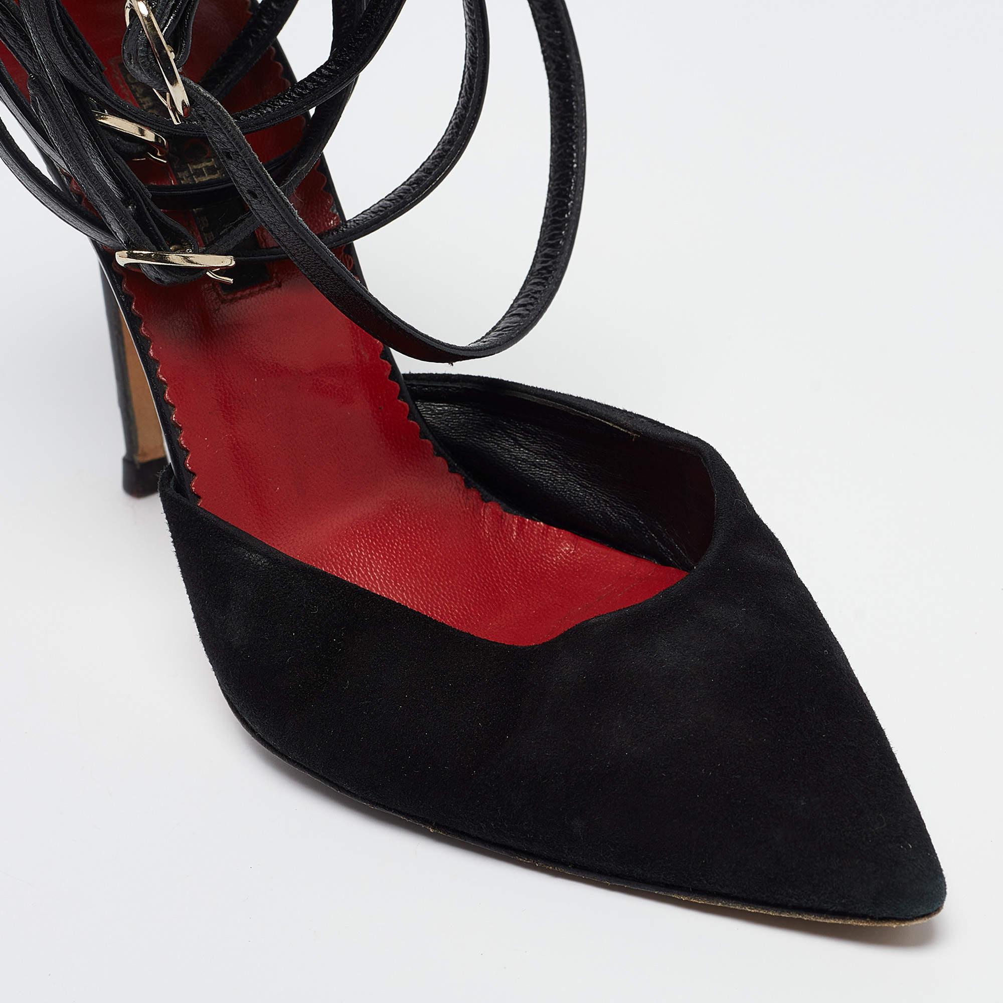 CH Carolina Herrera Schwarze Wildleder-Pumps mit Knöchelverschluss Größe 40 im Angebot 3