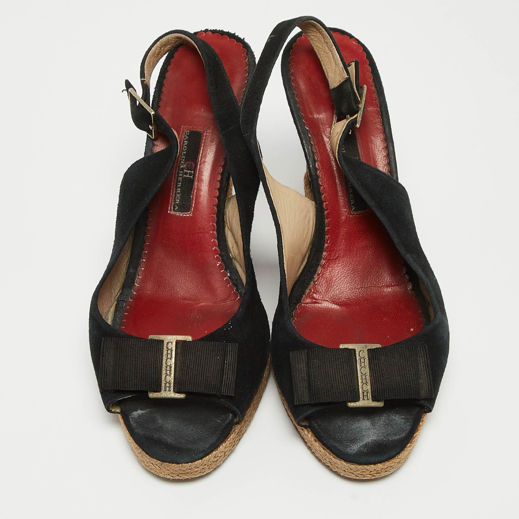 CH Carolina Herrera Sandalias con cuña de corcho y lazo de ante negro talla 38 Negro en venta
