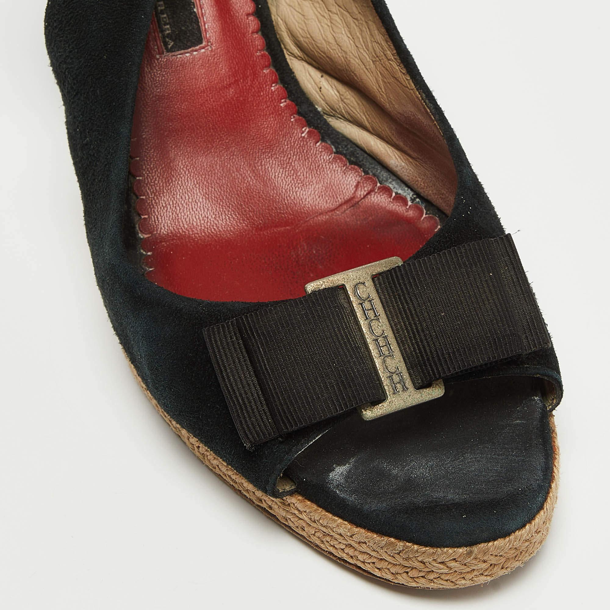 CH Carolina Herrera Sandalias con cuña de corcho y lazo de ante negro talla 38 en venta 2