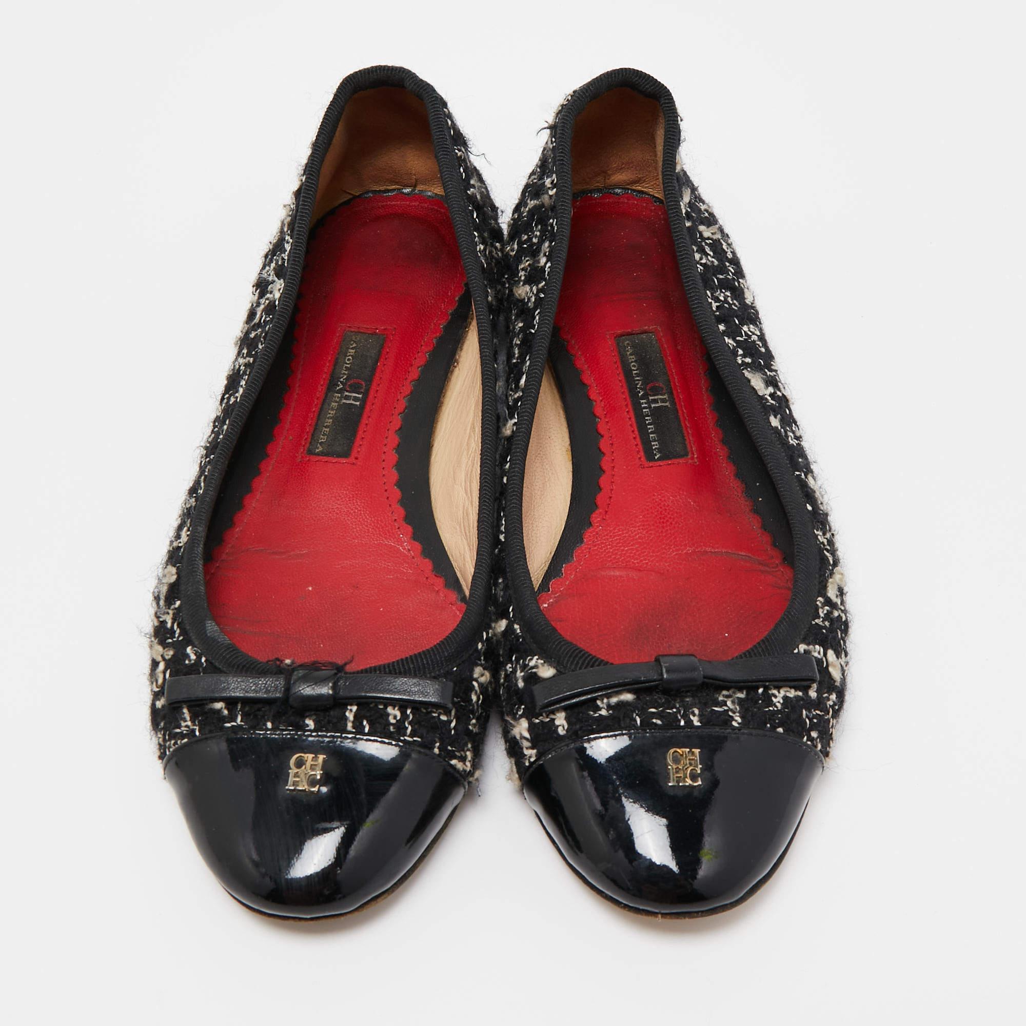 CH Carolina Herrera Bailarinas de tweed negro y charol talla 37 Negro en venta