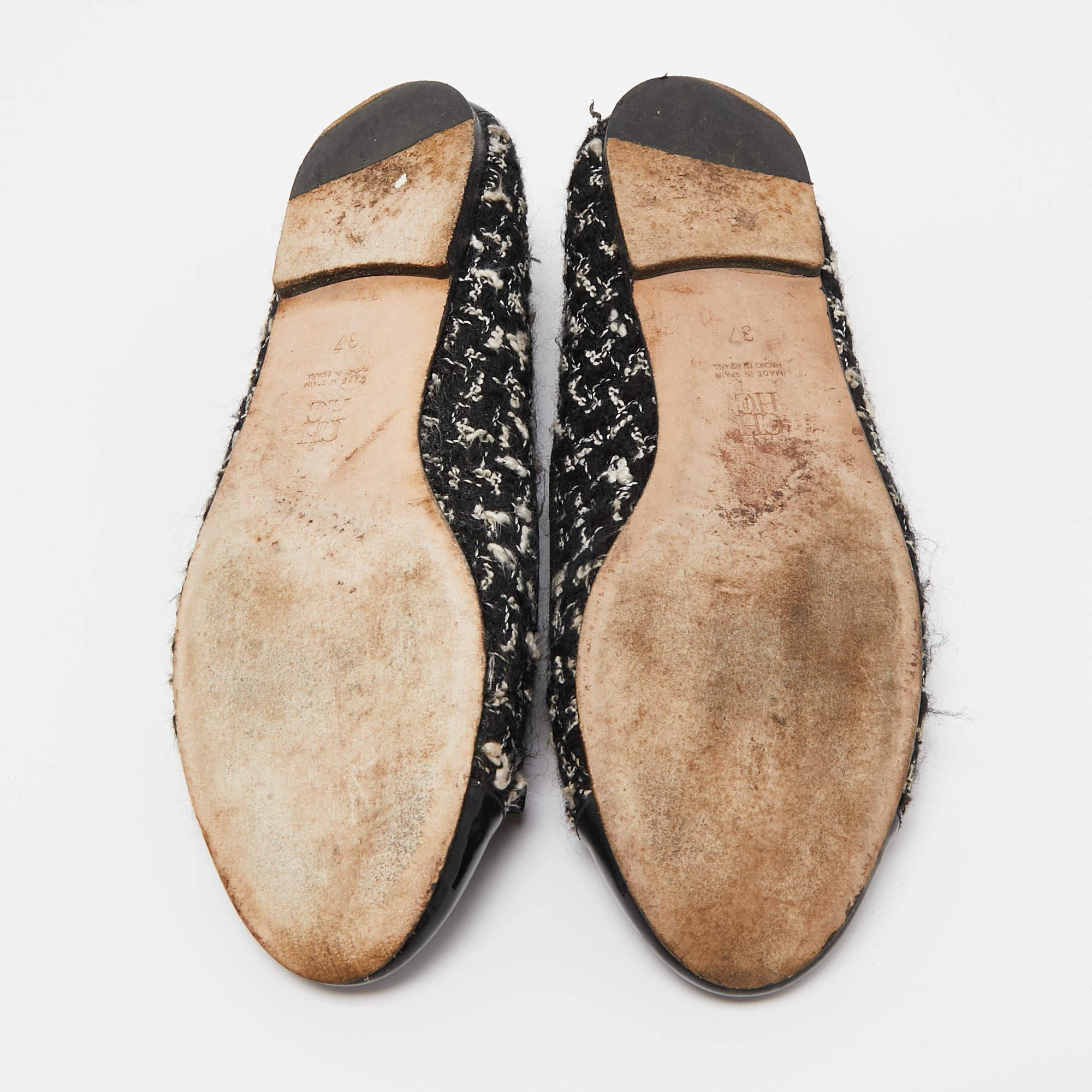 CH Carolina Herrera Bailarinas de tweed negro y charol talla 37 en venta 2