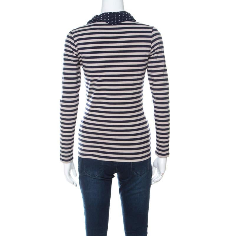 Black CH Carolina Herrera Blue and Beige Striped Cotton Jersey Necktie Detail Top XS