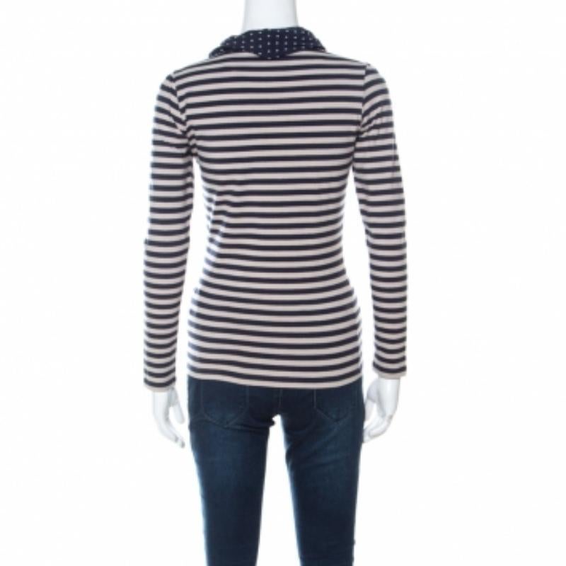 CH Carolina Herrera Blue and Beige Striped Cotton Jersey Necktie Detail Top XS Gris en venta