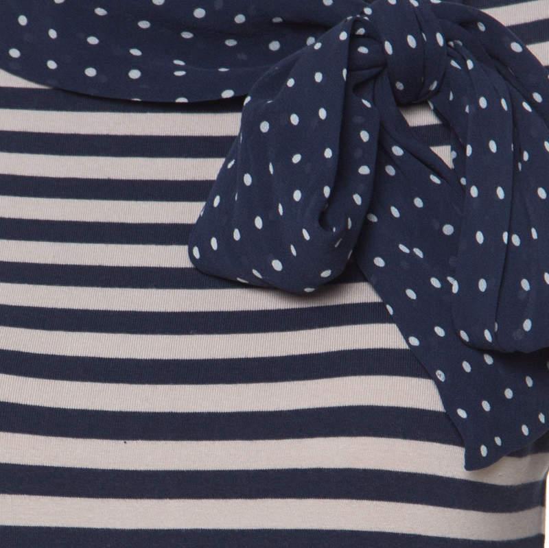CH Carolina Herrera Blue and Beige Striped Cotton Jersey Necktie Detail Top XS In Good Condition In Dubai, Al Qouz 2