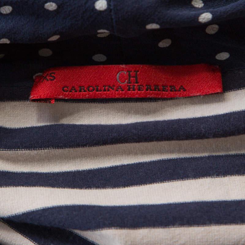 Women's CH Carolina Herrera Blue and Beige Striped Cotton Jersey Necktie Detail Top XS