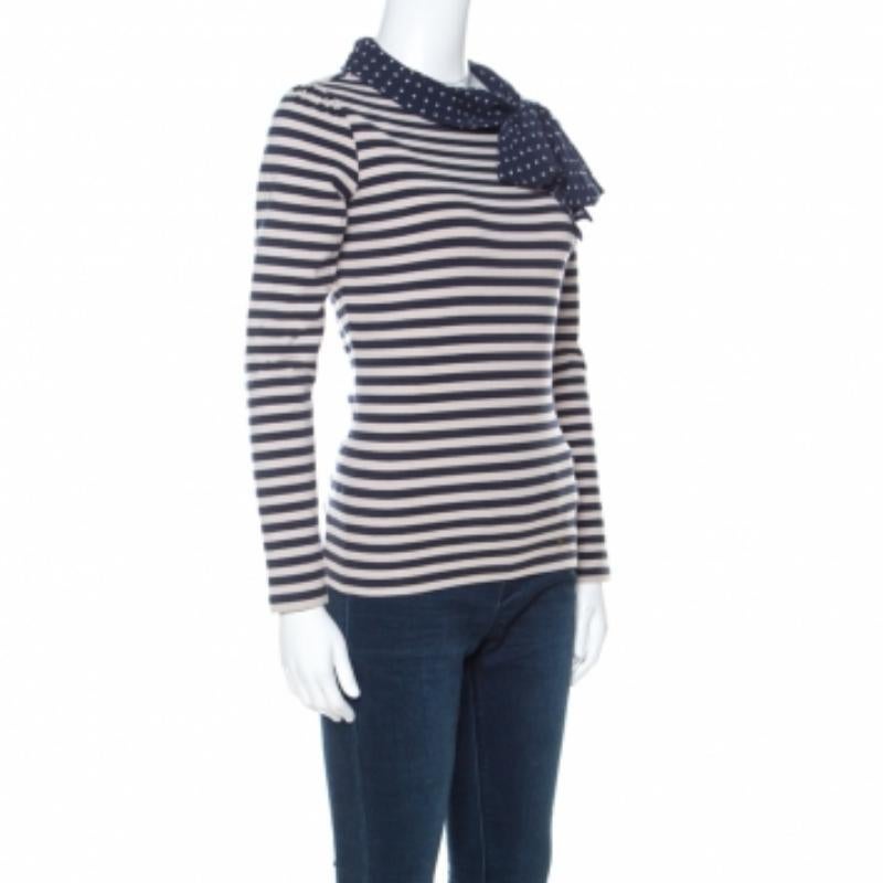 CH Carolina Herrera Blue and Beige Striped Cotton Jersey Necktie Detail Top XS en venta 1