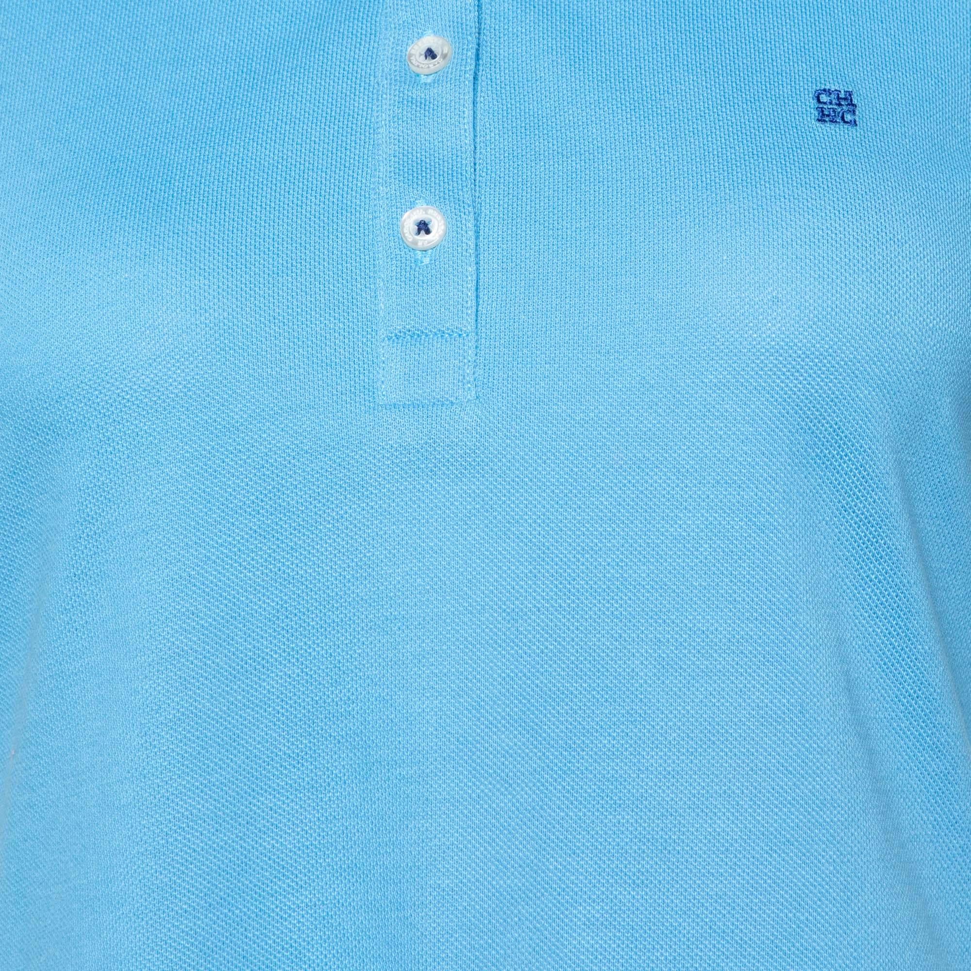 Women's CH Carolina Herrera Blue Cotton Pique Polo T-Shirt S For Sale