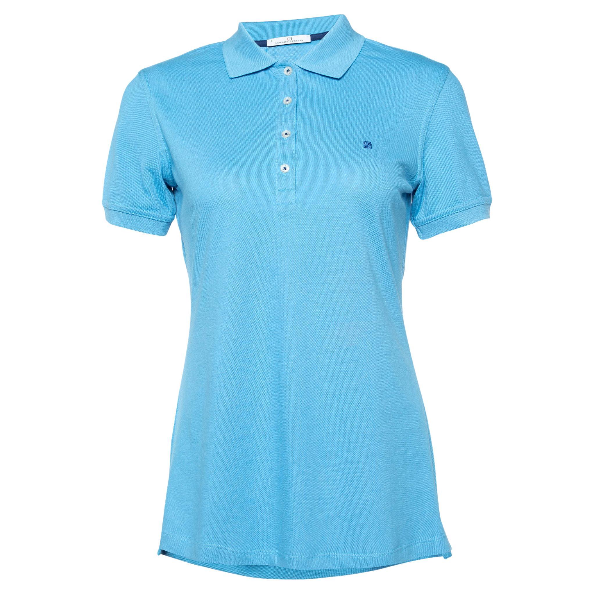 CH Carolina Herrera Blue Cotton Pique Polo T-Shirt S For Sale
