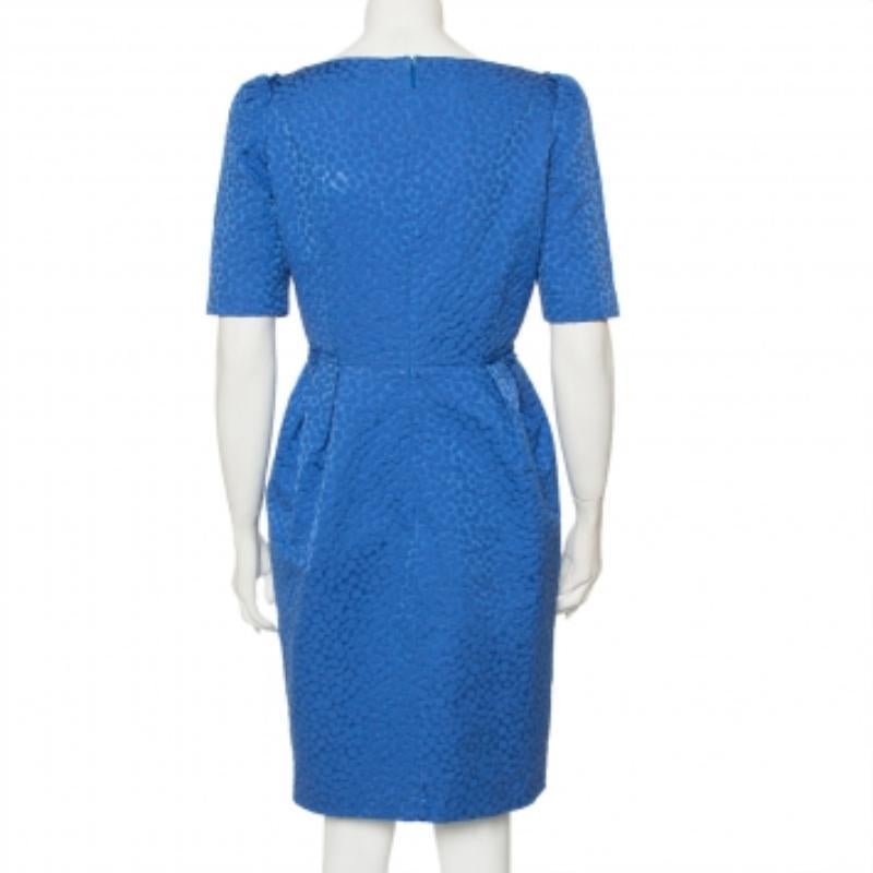 Women's CH Carolina Herrera Blue Embossed Cotton Sheath Dress M For Sale