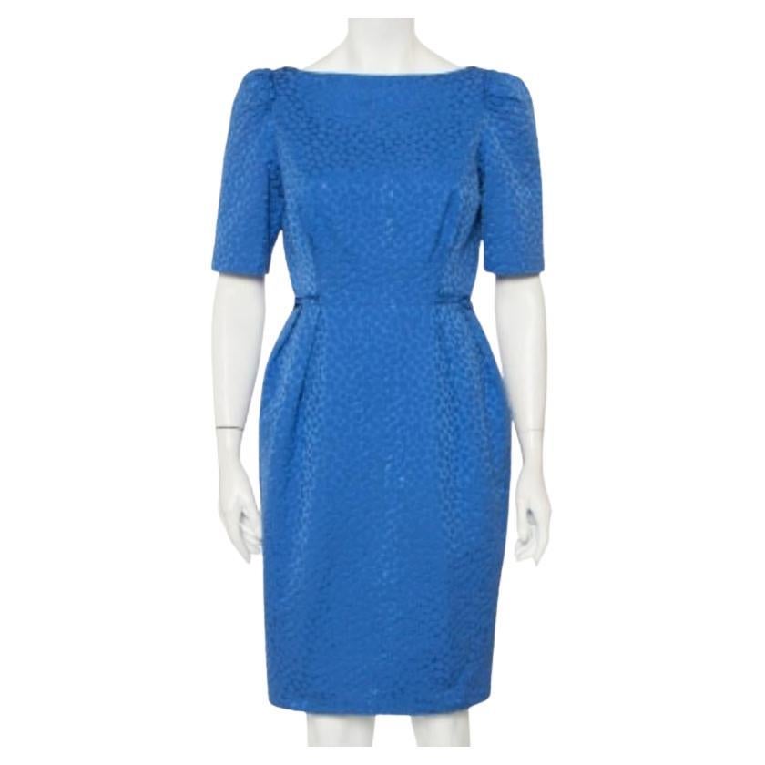 CH Carolina Herrera Blue Embossed Cotton Sheath Dress M For Sale