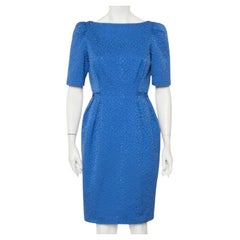 CH Carolina Herrera Blue Embossed Cotton Sheath Dress M
