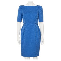 CH Carolina Herrera Blue Embossed Cotton Sheath Dress M