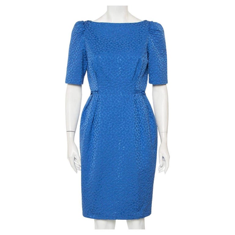 CH Carolina Herrera Blue Embossed Cotton Sheath Dress M For Sale at 1stDibs