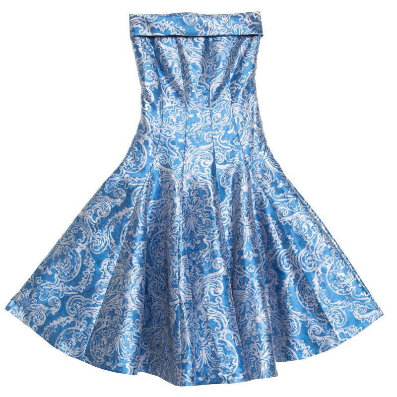 CH Carolina Herrera Blue Floral Brocade Strapless Fit and Flare Dress XS