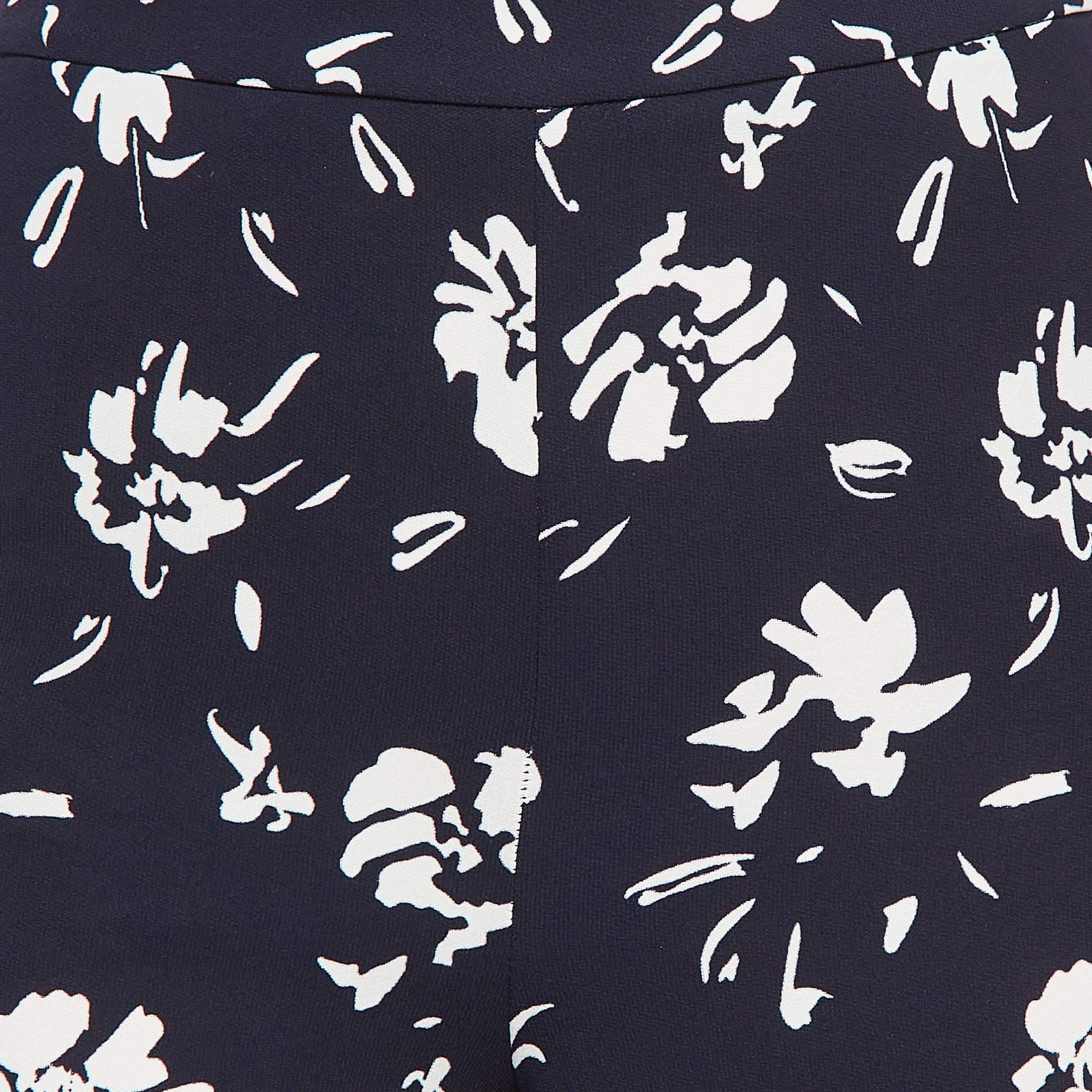 Black CH Carolina Herrera Blue Floral Printed Crepe Wide-Leg Pants XS For Sale