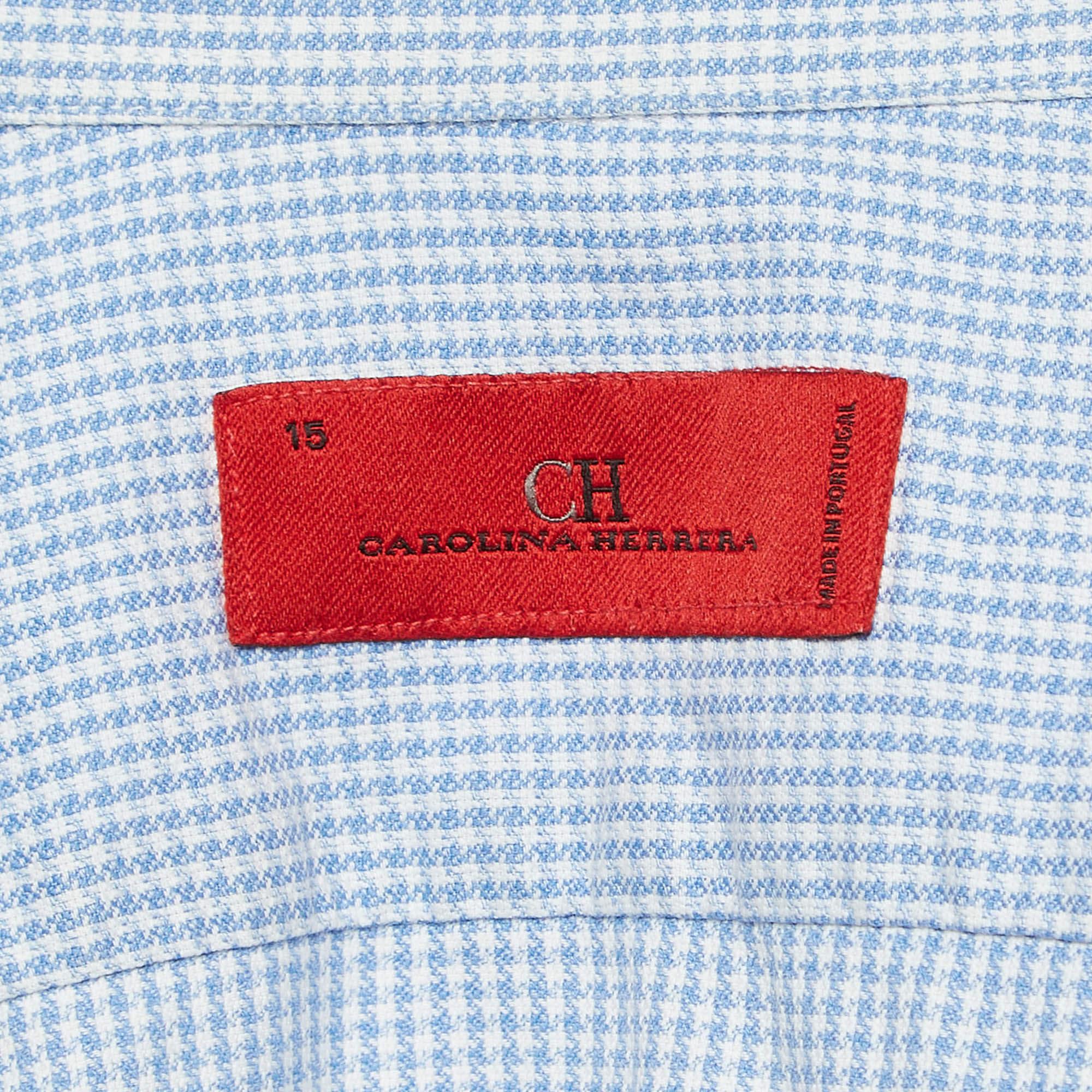 Men's CH Carolina Herrera Blue Houndstooth Cotton Shirt S For Sale