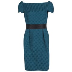 CH Carolina Herrera Blue Houndstooth Pattern Embossed Jacquard Cocktail Dress L