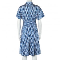 CH Carolina Herrera Blue Logo Grid Print Cotton Belted Dress S