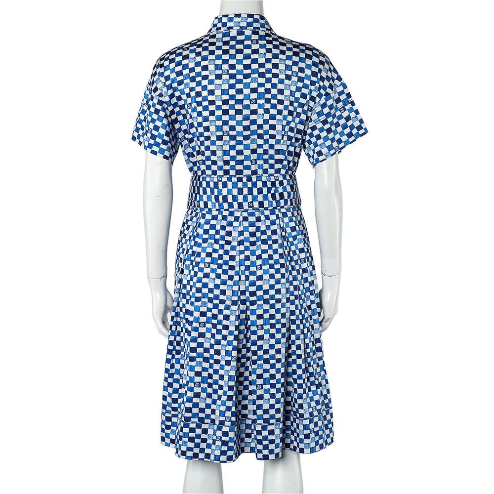CH Carolina Herrera Blue Logo Grid Print Cotton Belted Dress S In Good Condition In Dubai, Al Qouz 2