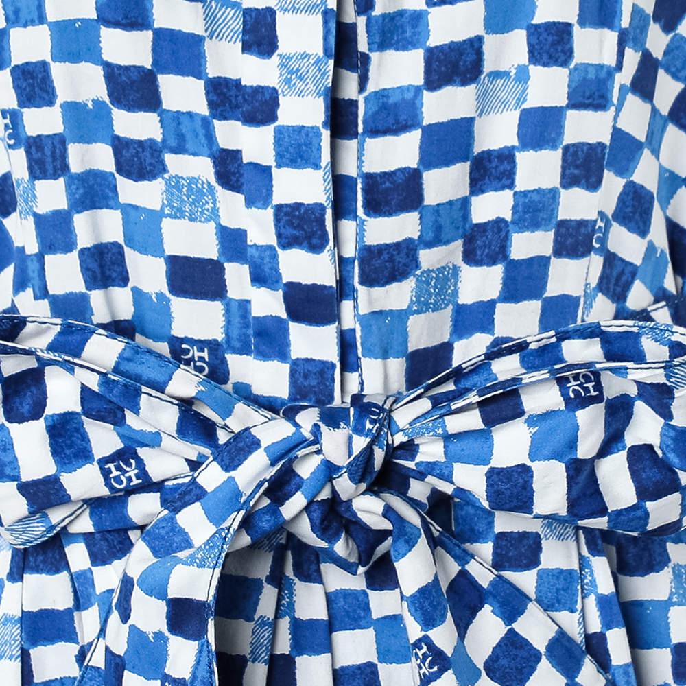 Women's CH Carolina Herrera Blue Logo Grid Print Cotton Belted Dress S