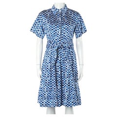 CH Carolina Herrera Blaues Baumwollkleid mit Gürtel und Logo und Gitterdruck S