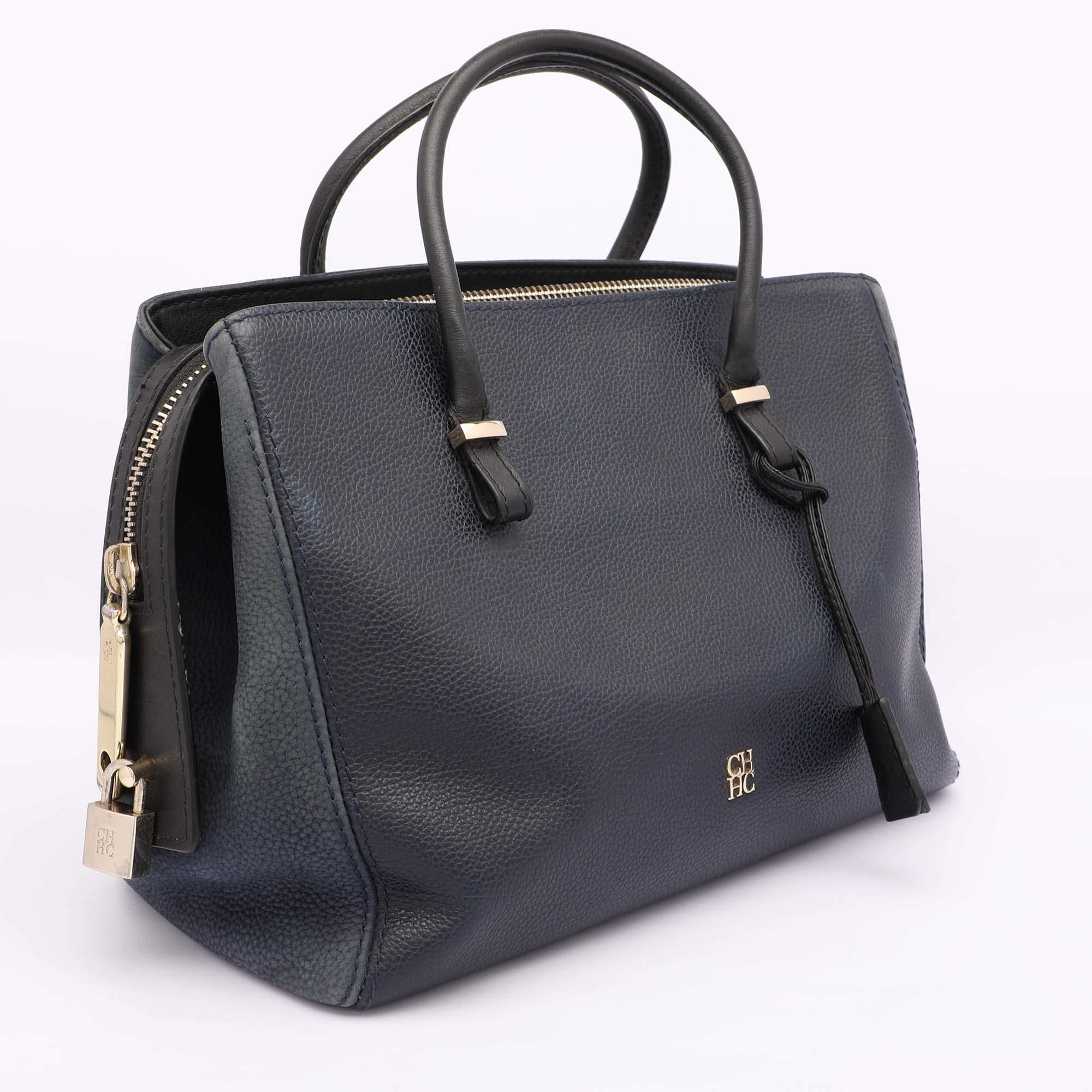 Black CH Carolina Herrera Blue Nubuck and Leather Zip Tote