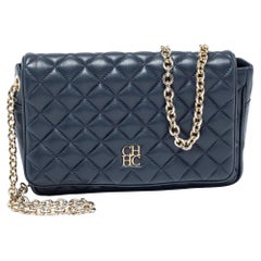 CH Carolina Herrera Blue Quilted Leather Flap Chain Shoulder Bag