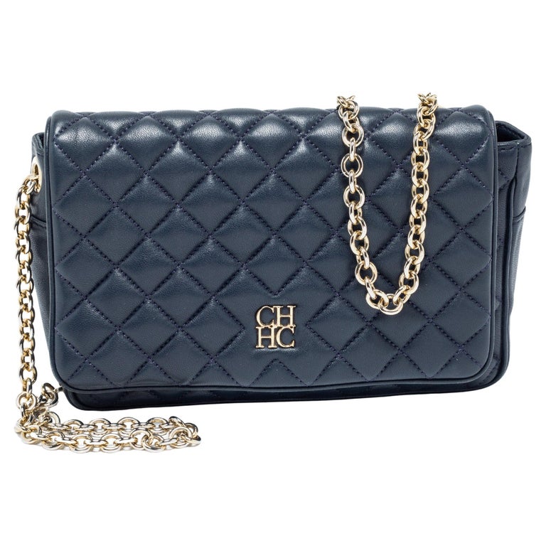 CH Carolina Herrera Blue Quilted Leather Flap Chain Shoulder Bag For