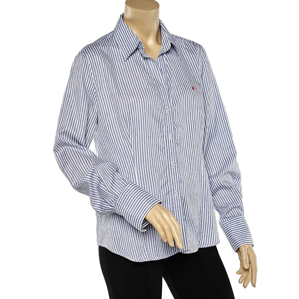Gris Carolina Herrera - Chemise en coton rayée bleue à boutons sur le devant XL en vente