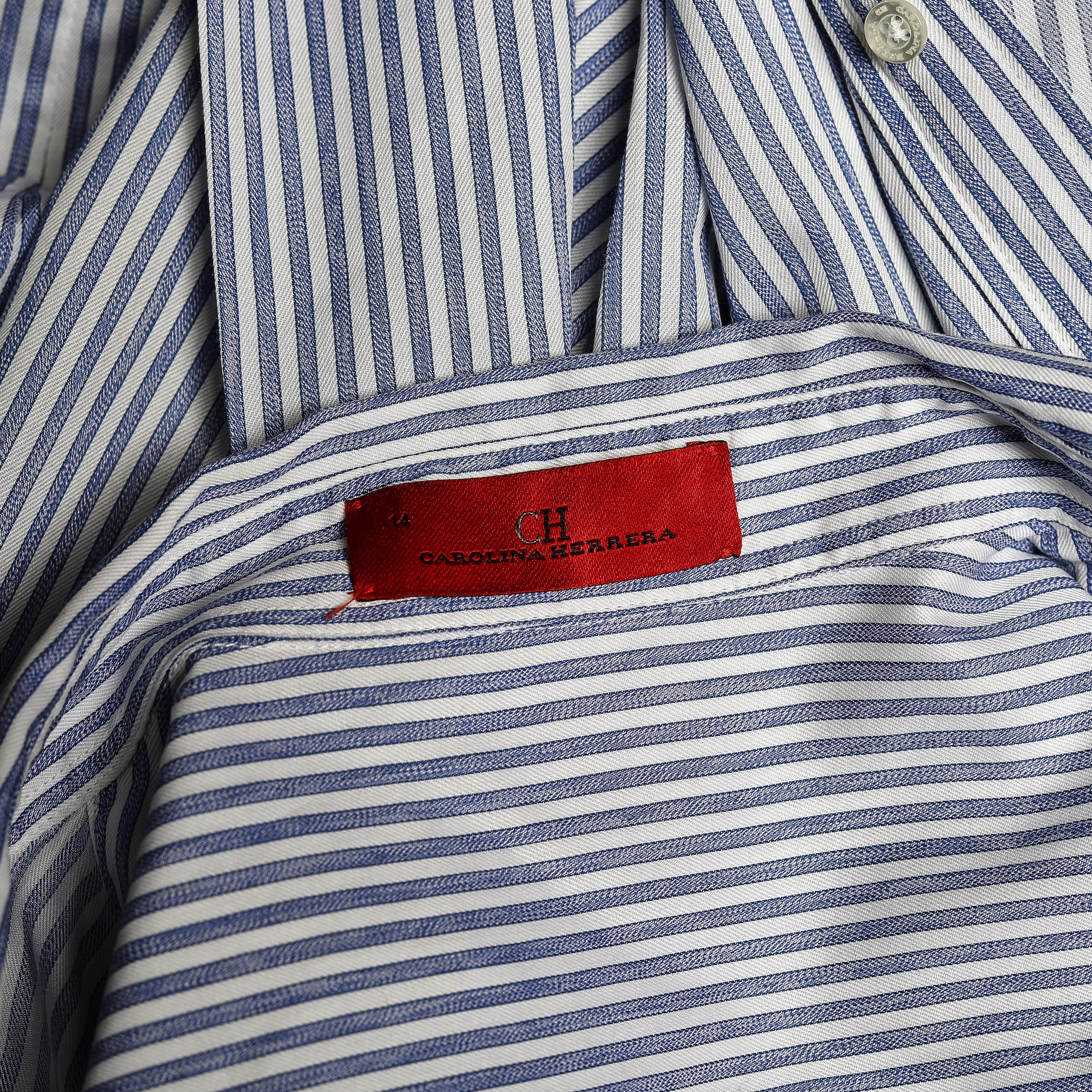 CH Carolina Herrera Blue Striped Cotton Button Front Shirt XL For Sale 2