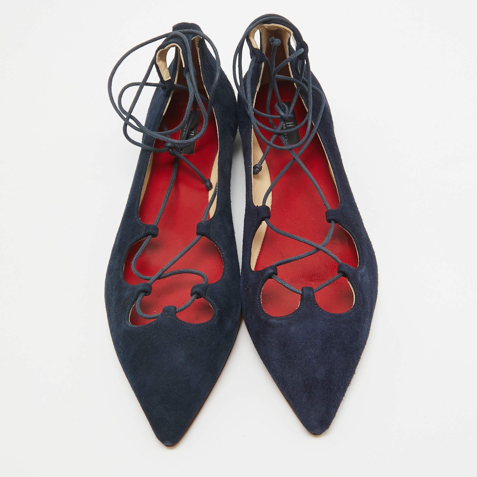 Noir Carolina Herrera Chaussures de ballet à bout pointu en daim bleu CH Taille 37 en vente