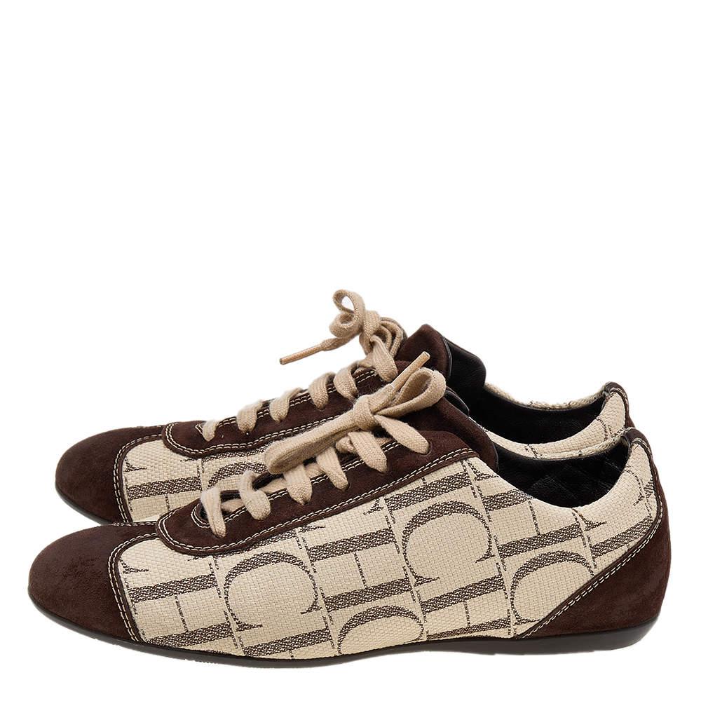 Women's CH Carolina Herrera Brown/Beige Suede And Monogram Canvas Low Top Sneakers Size  For Sale
