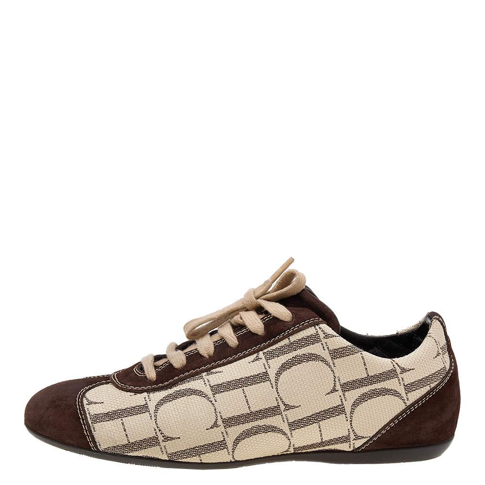 CH Carolina Herrera Brown/Beige Suede And Monogram Canvas Low Top Sneakers Size  For Sale 1