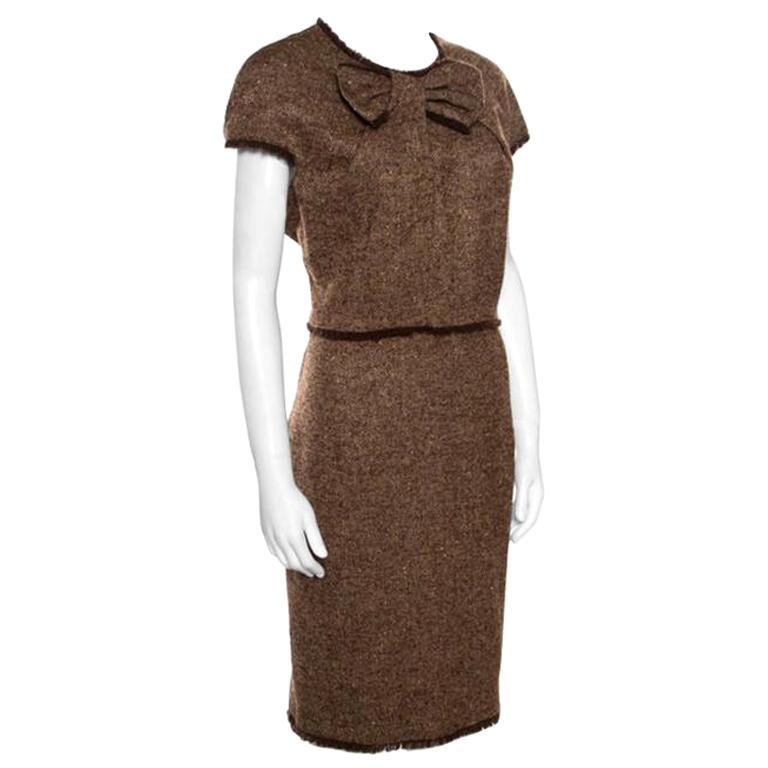 CH Carolina Herrera Brown Bow Detail Fringed Edge Cap Sleeve Dress XL