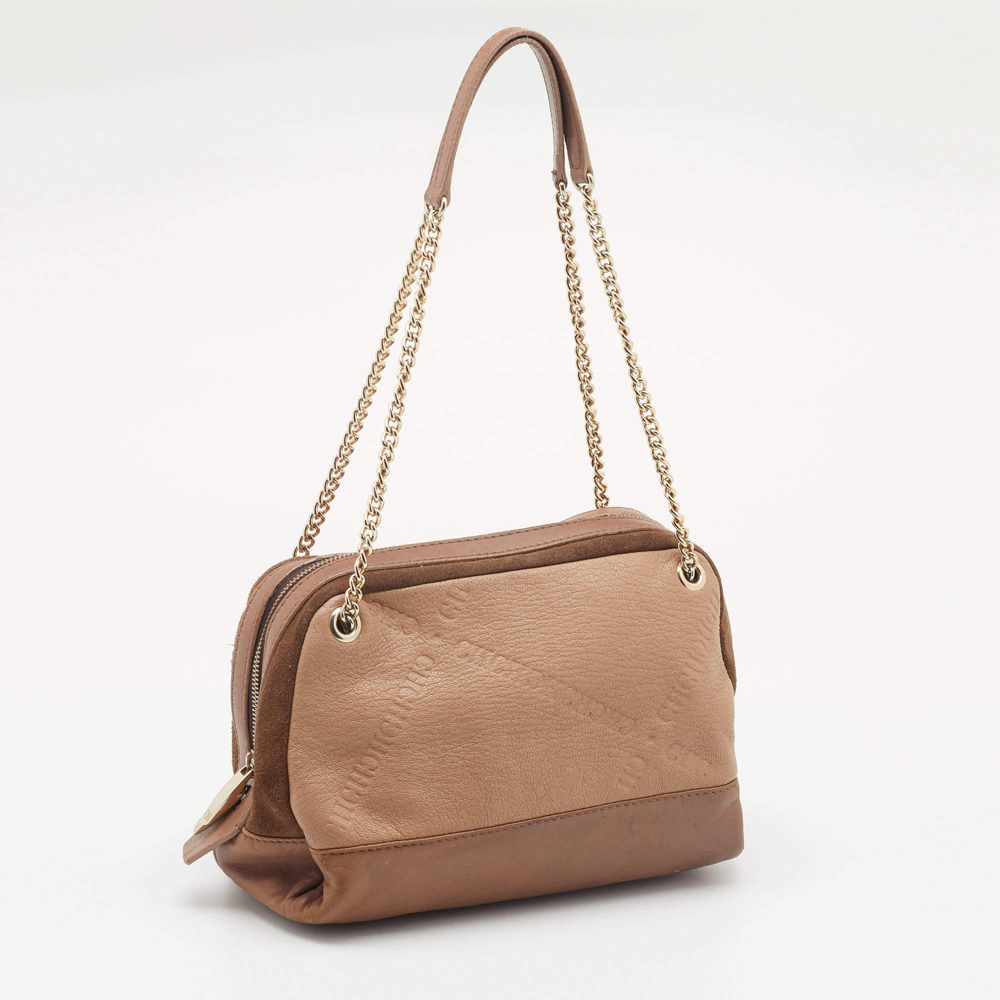 CH Carolina Herrera Brown Leather And Suede Chain Satchel In Good Condition In Dubai, Al Qouz 2