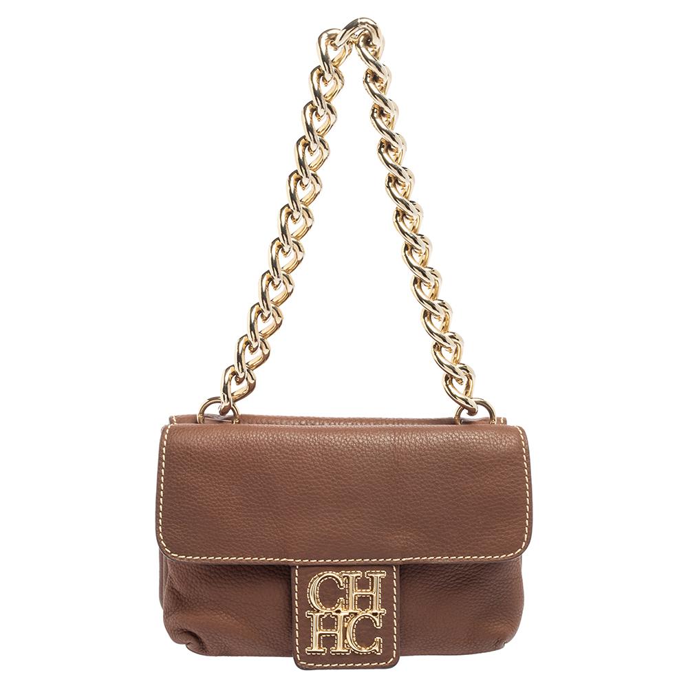 CH Carolina Herrera Brown Leather Double Flap Chain Bag 4