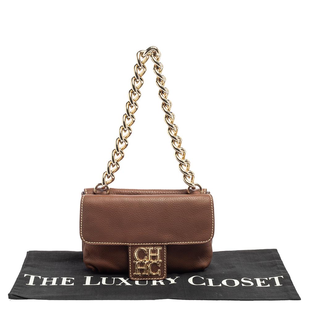 CH Carolina Herrera Brown Leather Double Flap Chain Bag 3