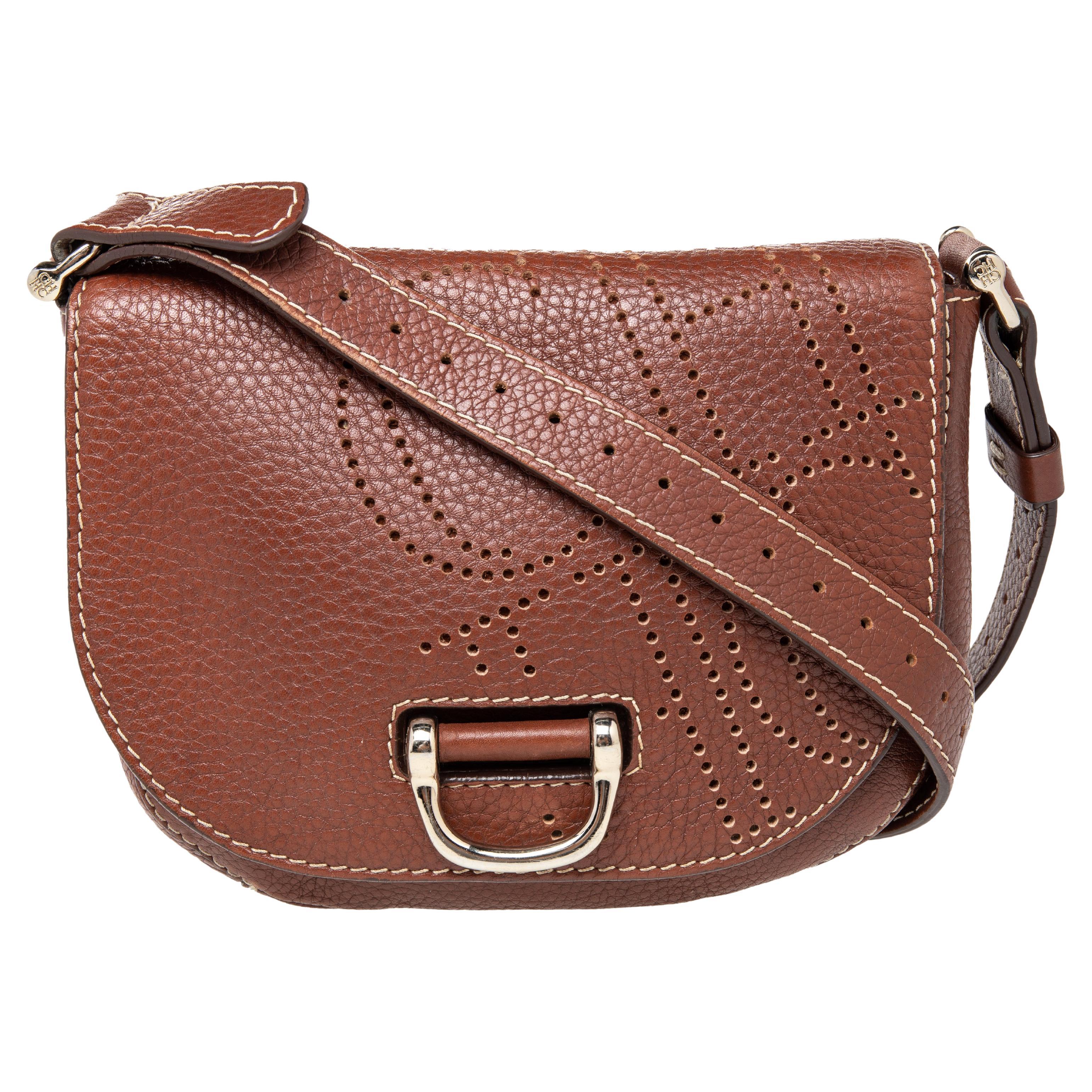 CH Carolina Herrera Brown Leather Flap Crossbody Bag