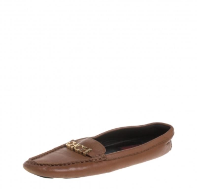 Women's CH Carolina Herrera Brown Leather Logo Detail Flats Size 37 For Sale