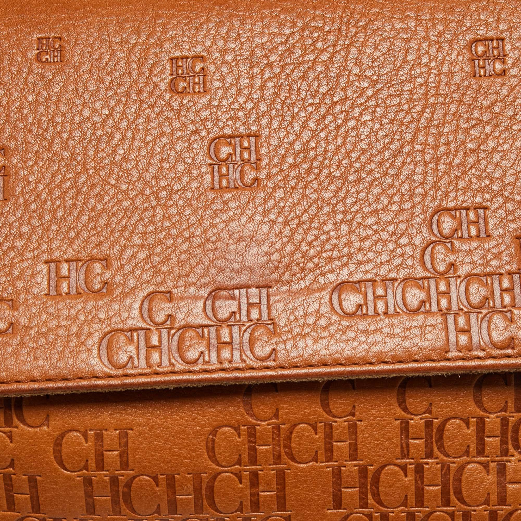 CH Carolina Herrera Brown Logo Embossed Leather Top Handle Bag 3