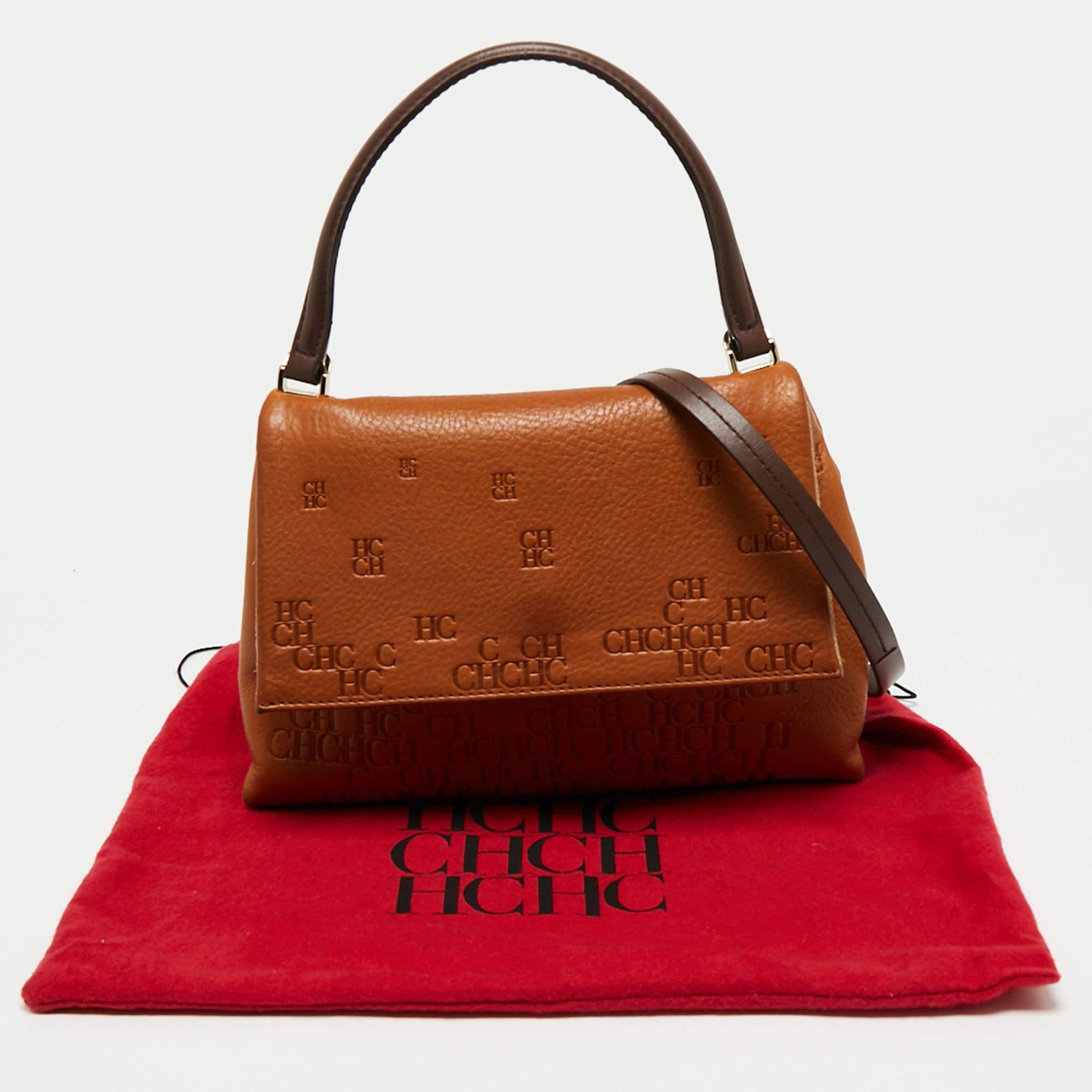 CH Carolina Herrera Brown Logo Embossed Leather Top Handle Bag In Good Condition In Dubai, Al Qouz 2