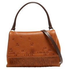 CH Carolina Herrera Brown Logo Embossed Leather Top Handle Bag